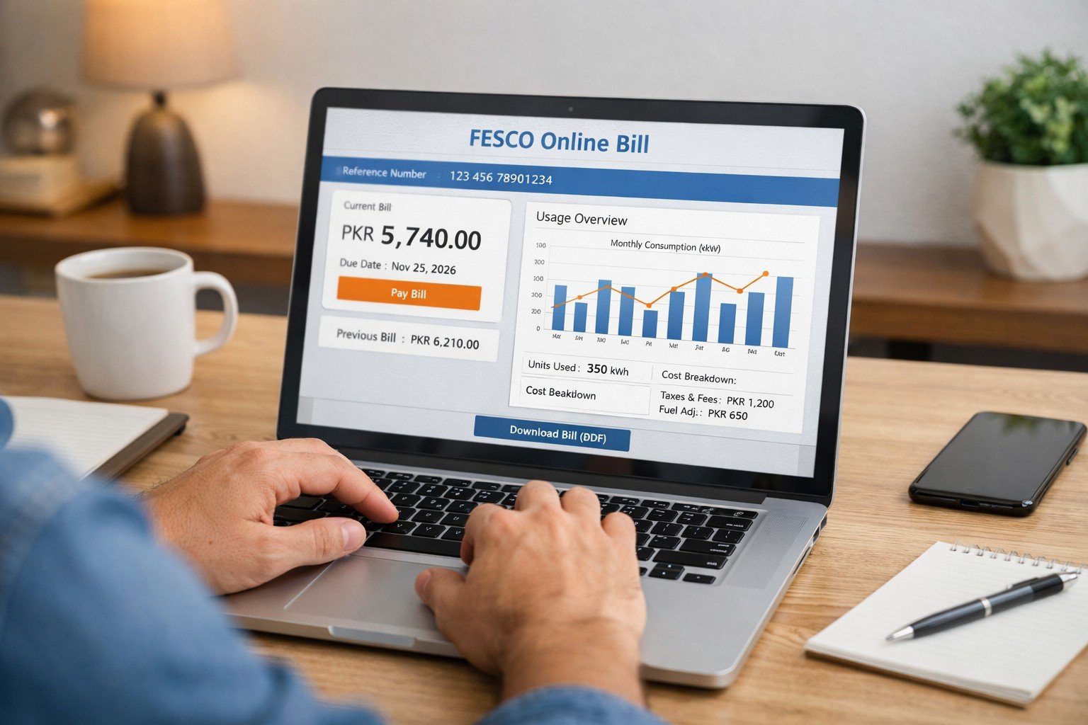 User checking FESCO electricity bill online on laptop